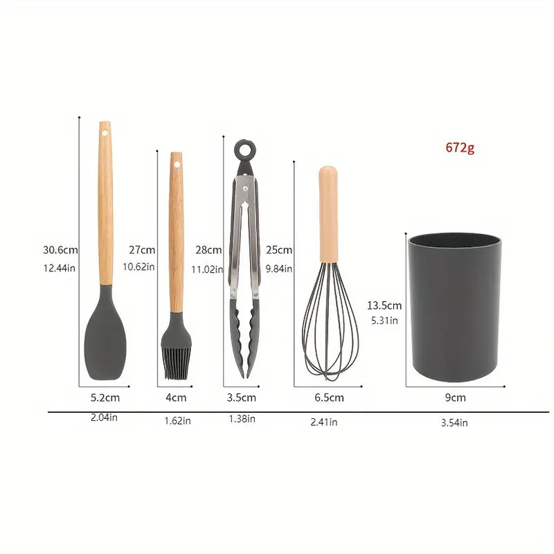 Set de utensilios de cocina de silicona de 12 piezas con mangos de madera