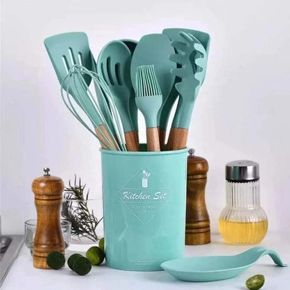 Set de utensilios de cocina de silicona de 12 piezas con mangos de madera