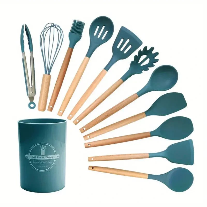 Set de utensilios de cocina de silicona de 12 piezas con mangos de madera