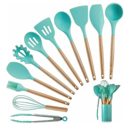 Set de utensilios de cocina de silicona de 12 piezas con mangos de madera