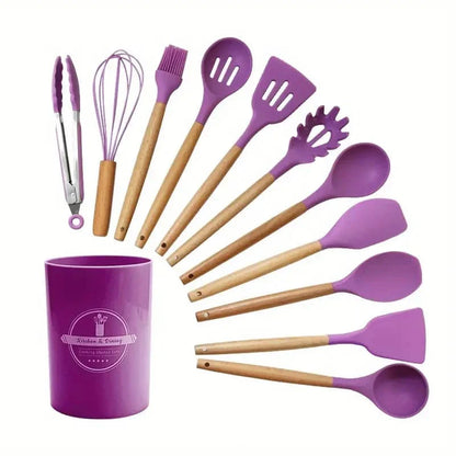 Set de utensilios de cocina de silicona de 12 piezas con mangos de madera