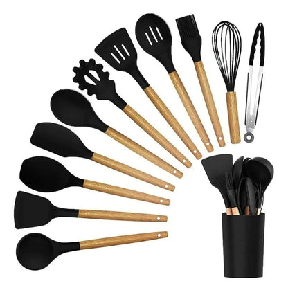 Set de utensilios de cocina de silicona de 12 piezas con mangos de madera