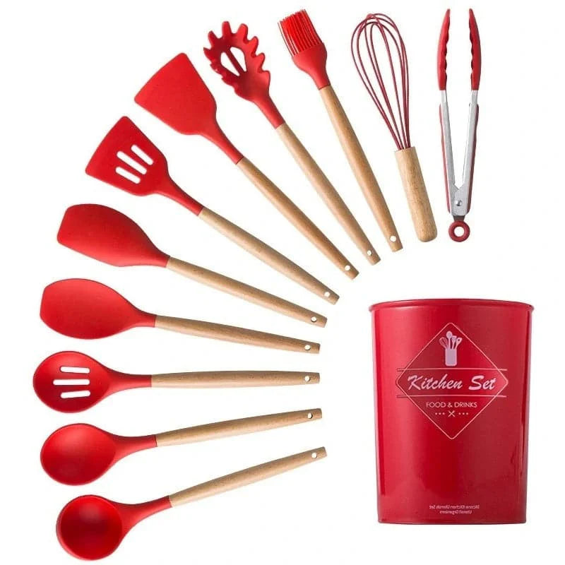 Set de utensilios de cocina de silicona de 12 piezas con mangos de madera