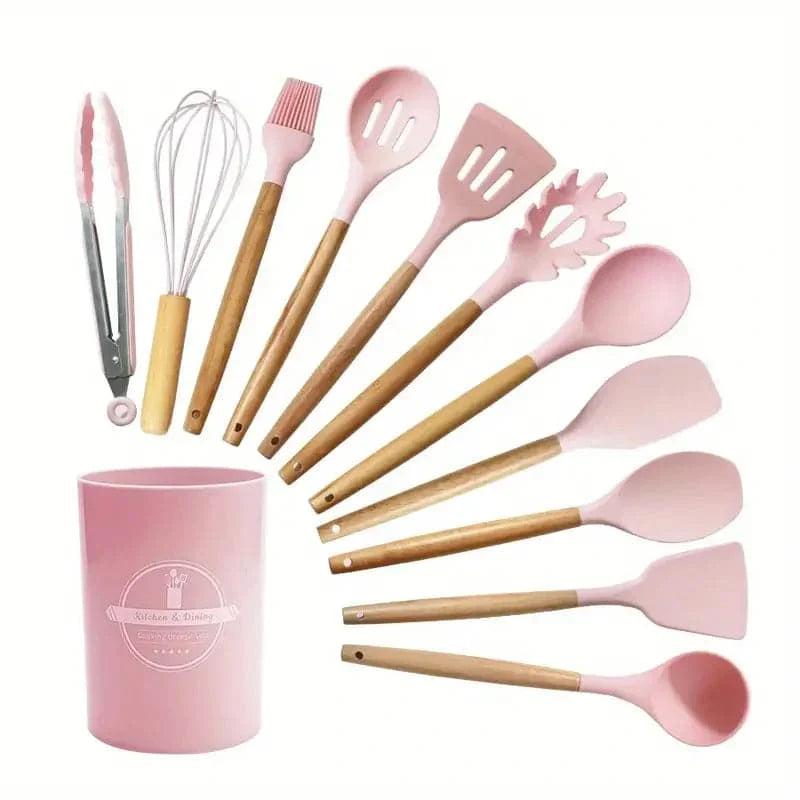 Set de utensilios de cocina de silicona de 12 piezas con mangos de madera