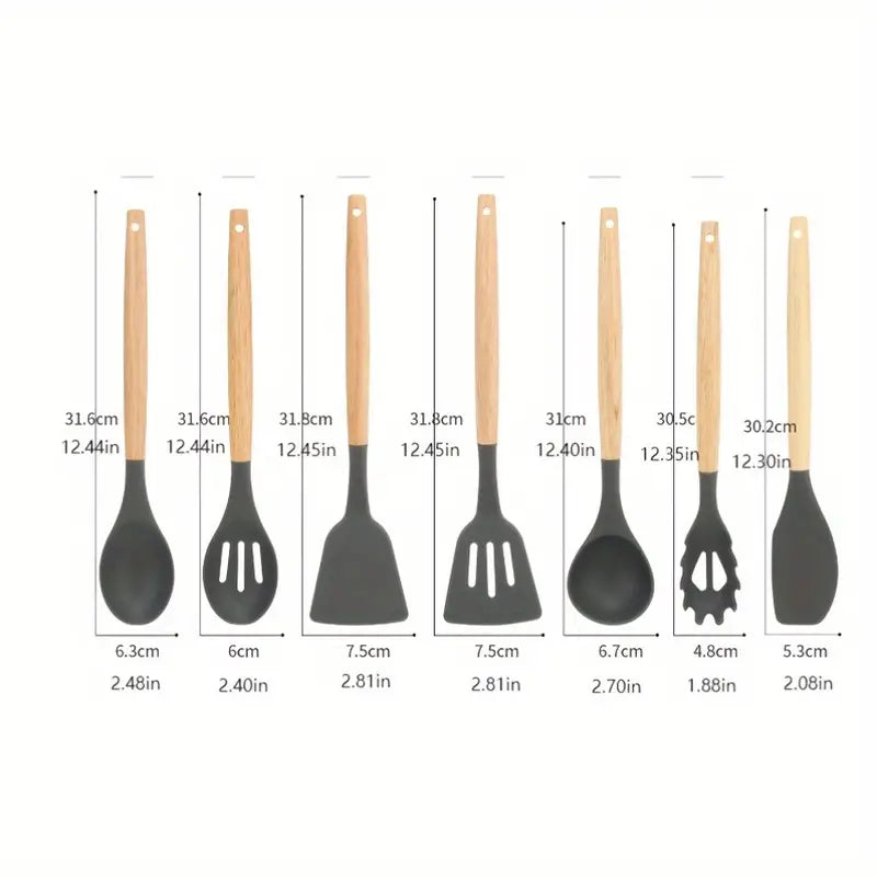 Set de utensilios de cocina de silicona de 12 piezas con mangos de madera